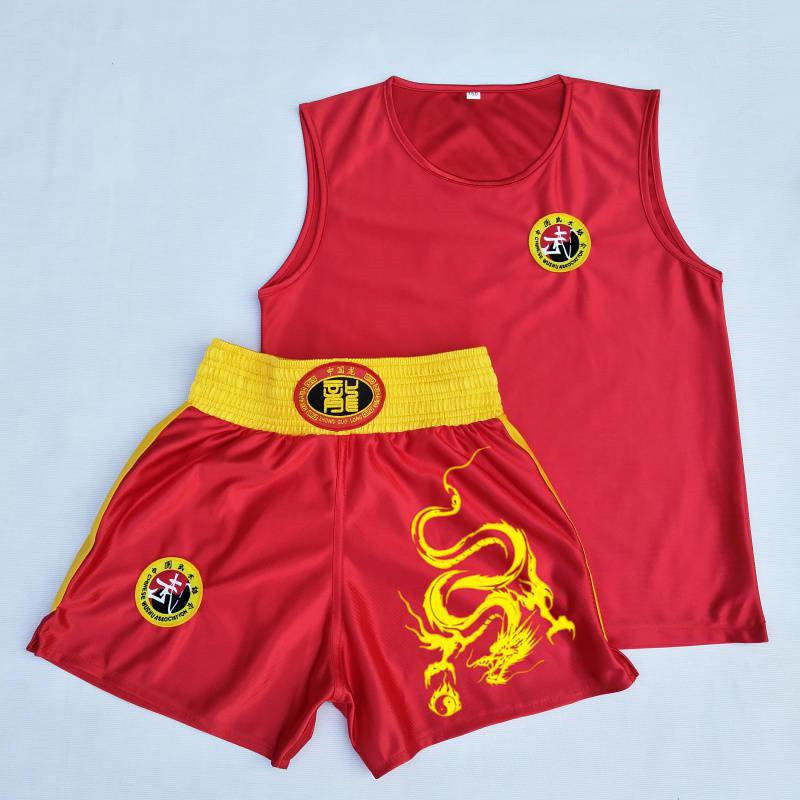 Men's And Women's Red And Black Sanda Shorts Martial Arts Dragon Pattern Boxing Suit