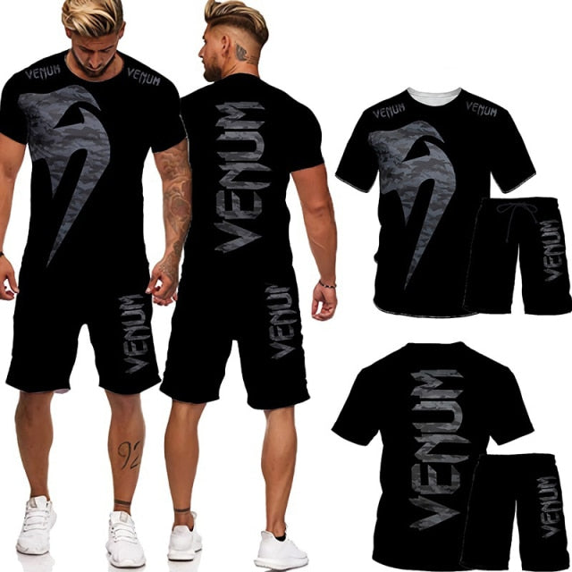2 Pcs Cool 3D Cobra Kai Print Mixed Martial Arts T-Shirts+Shorts Sport Suit Men's Gym Training Fighter Sportwear Tracksuit Set