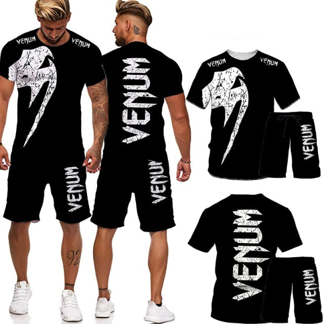 2 Pcs Cool 3D Cobra Kai Print Mixed Martial Arts T-Shirts+Shorts Sport Suit Men's Gym Training Fighter Sportwear Tracksuit Set