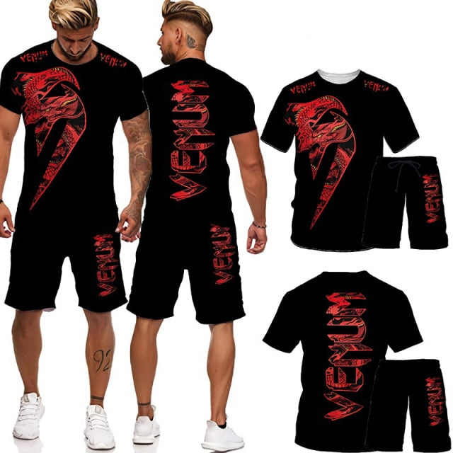 2 Pcs Cool 3D Cobra Kai Print Mixed Martial Arts T-Shirts+Shorts Sport Suit Men's Gym Training Fighter Sportwear Tracksuit Set